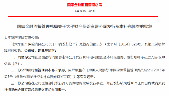 太平财险获批发行10年期可赎回资本补充债券-第1张图片-厦门装修网 